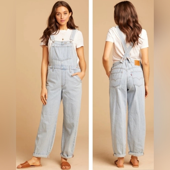 Levi's Bigs And Smalls Cotton  Wide Legs Baggy Overalls In Light Blue Size M - Picture 1 of 16